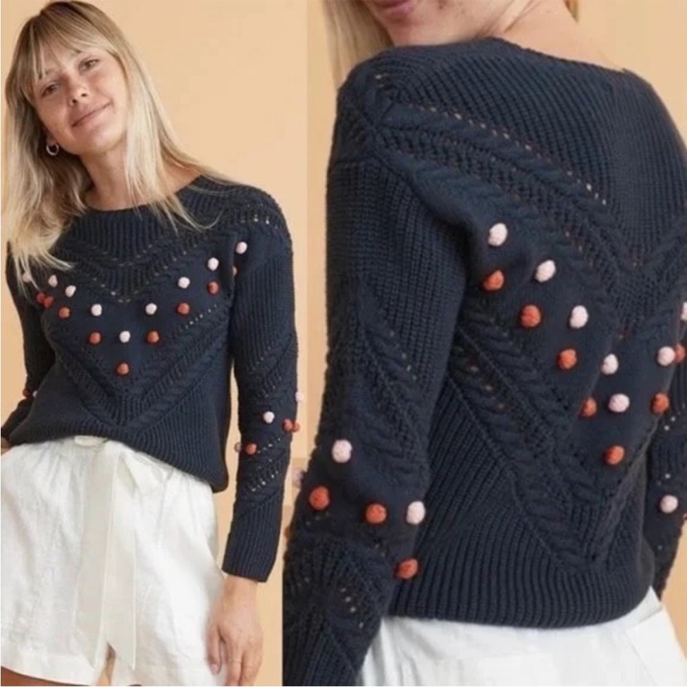 Marine Layer Navy Knit Crewneck Sweater with Pink & Rust Pom Details - Picture 6 of 6